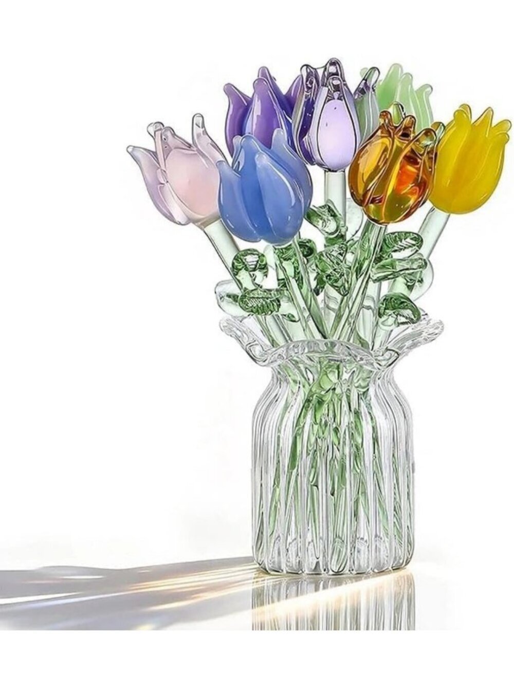 7 Pcs Mini Hand Blown Glass Tulip Flowers with Clear Vase - Wedding & Home Decor